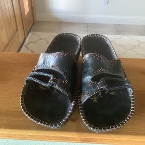 Indigo Black Leather Wedge Sandals